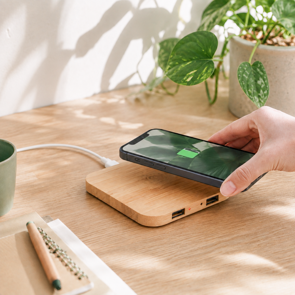 Draadloze bamboe telefoonoplader als duurzaam relatiegeschenk voor op kantoor