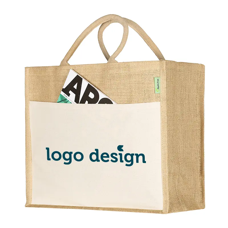 Jute shopper met voorvak en label plastic free
