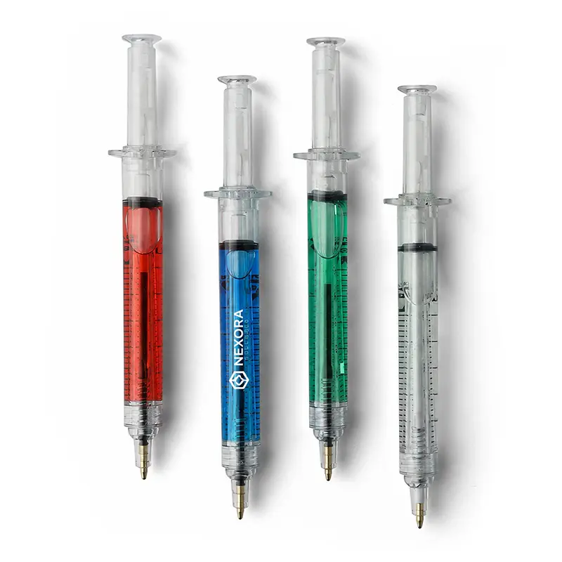 Pen in spuitvorm bedrukt met jouw logo